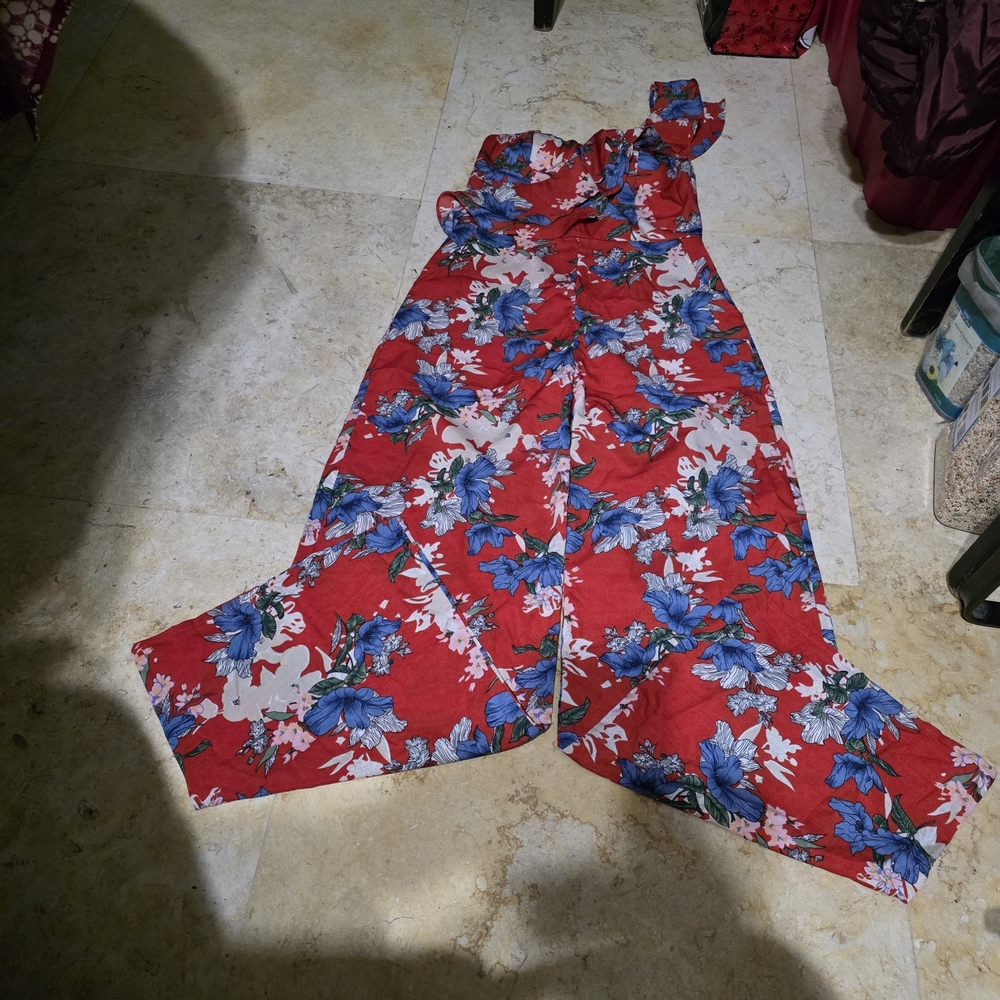 Lulumari Red Floral One-Shoulder Wide-Leg Jumpsuit.size M USED